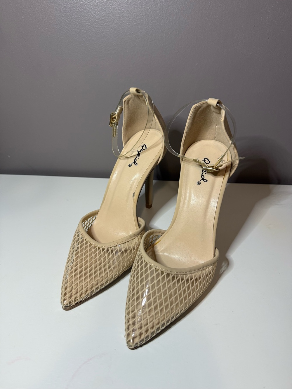 Qupid Beige Mesh Pointed-Toe Ankle-Strap Heels